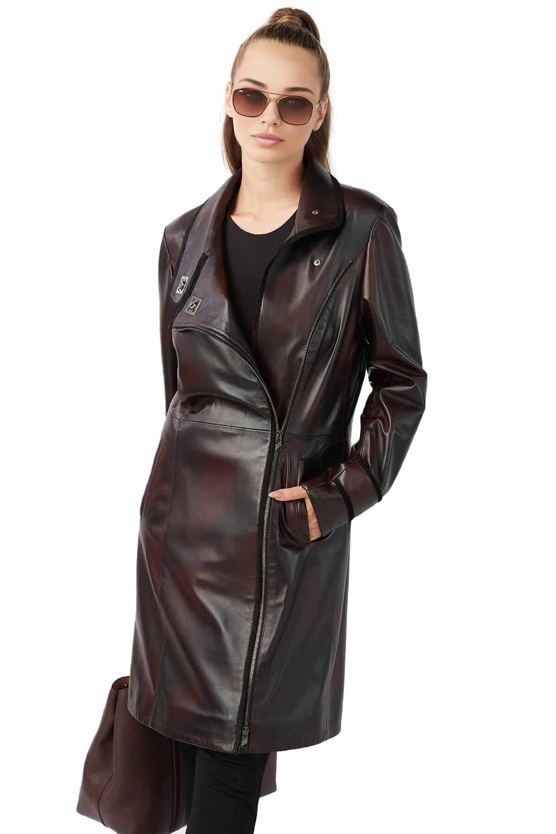 Alexis Dark Brown Waxed Leather Coat For Women