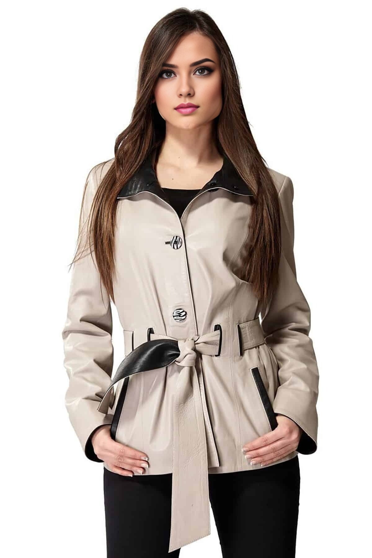 Brianna Pearl Bush & Black Leather Coat For Women