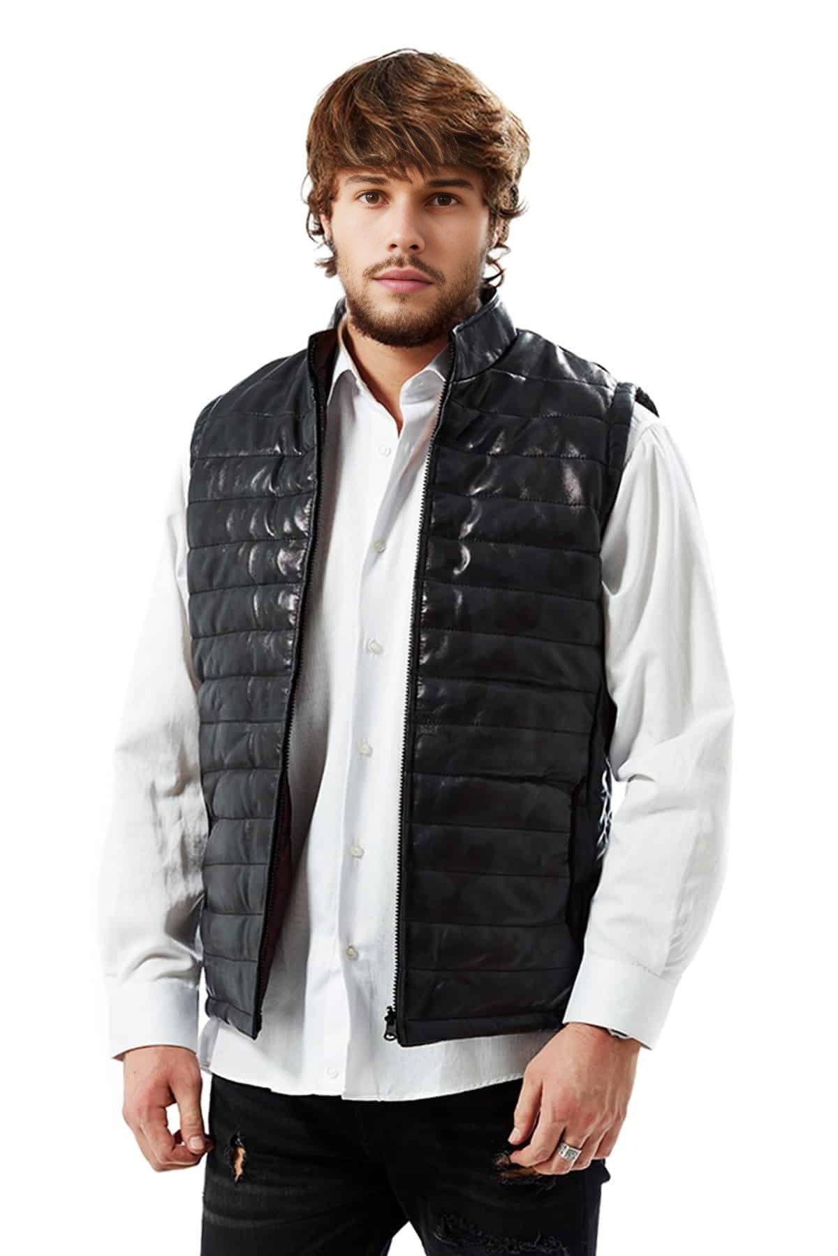 William Black Leather Vest For Men