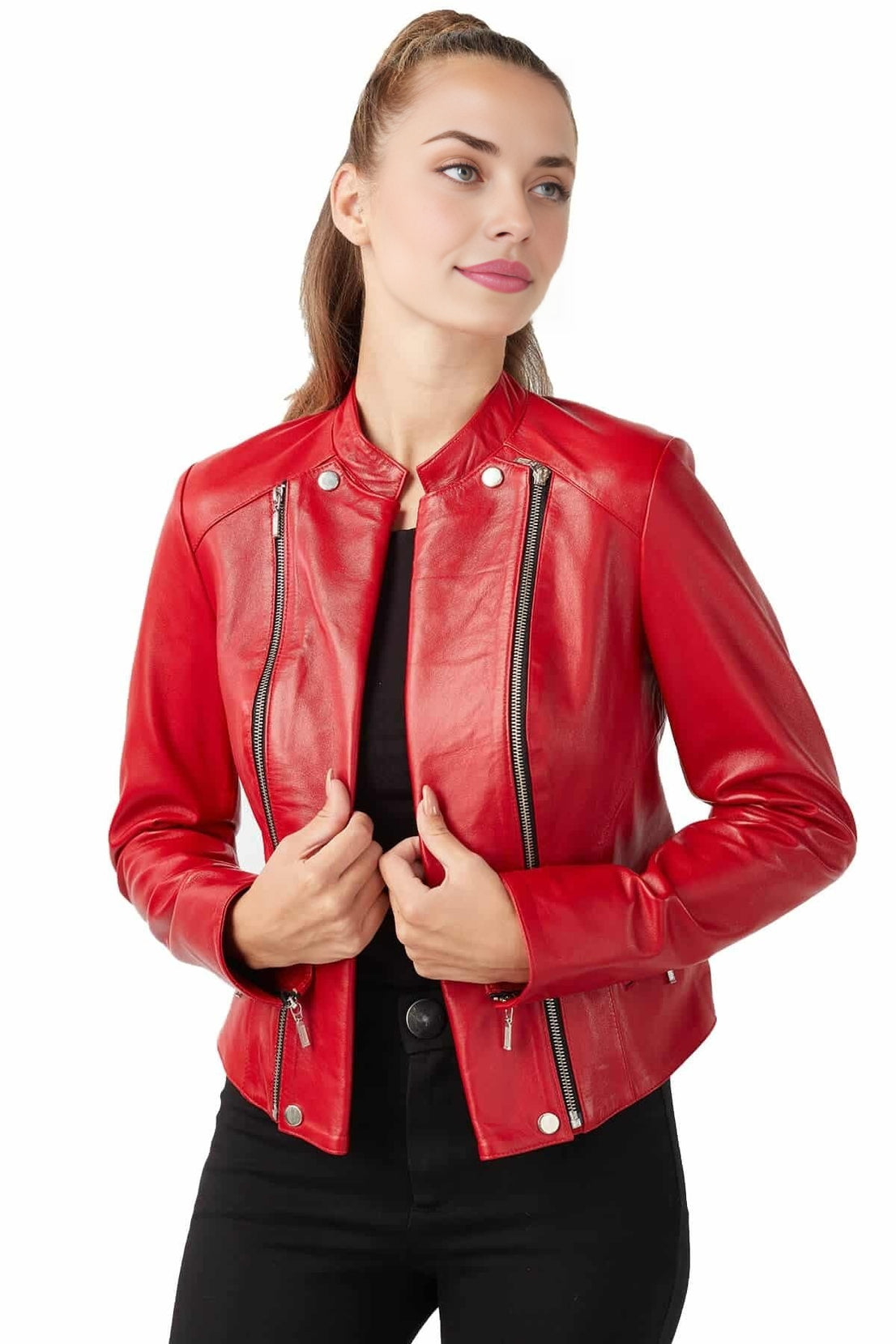 August Red Cafe Racer Leather Jacket For Women