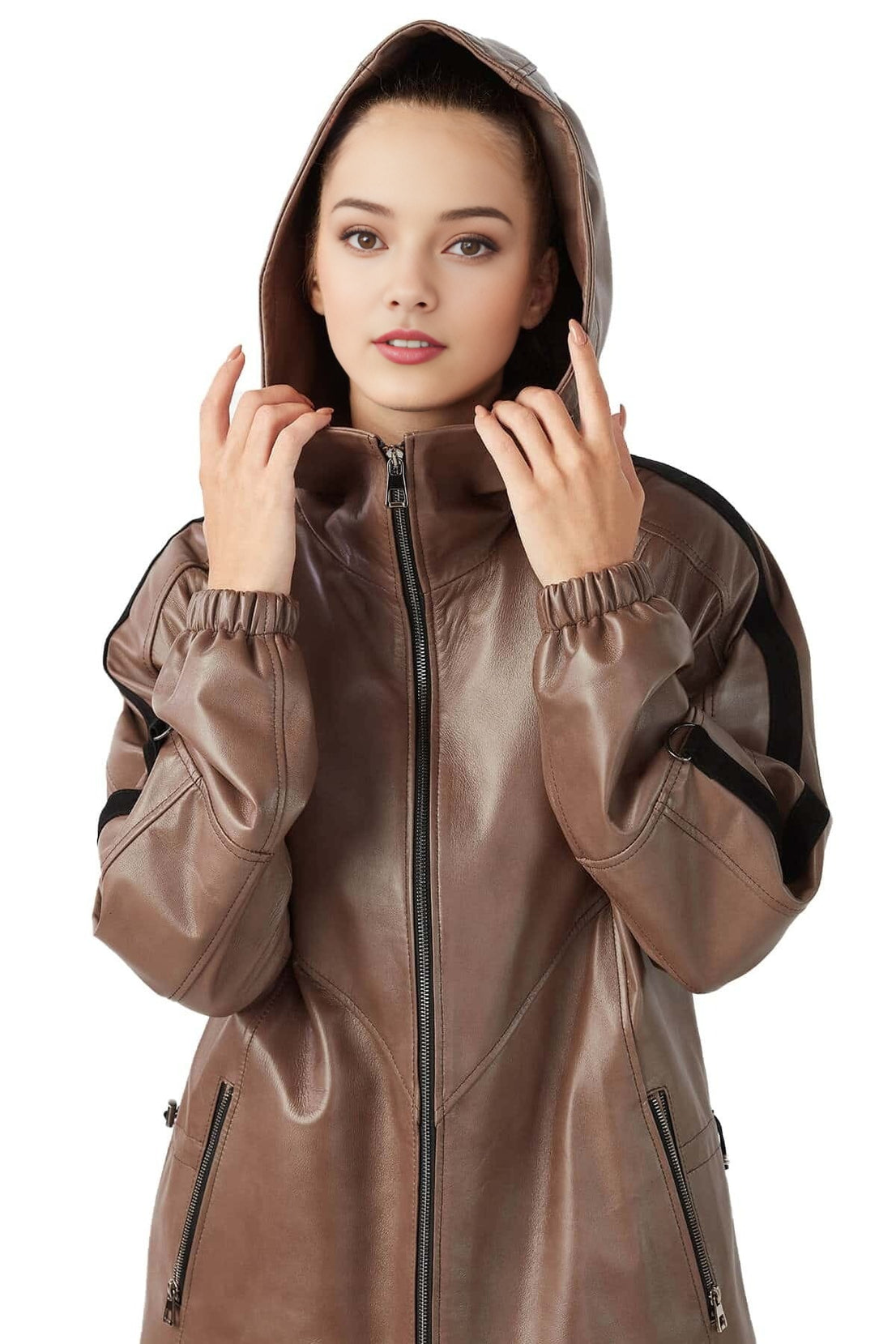 Debra Brown Leather Hooded Antique Coat For Women