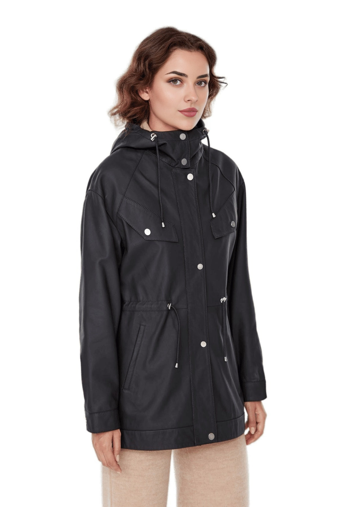 Teresa Black Leather Coat With Hoodie For Women