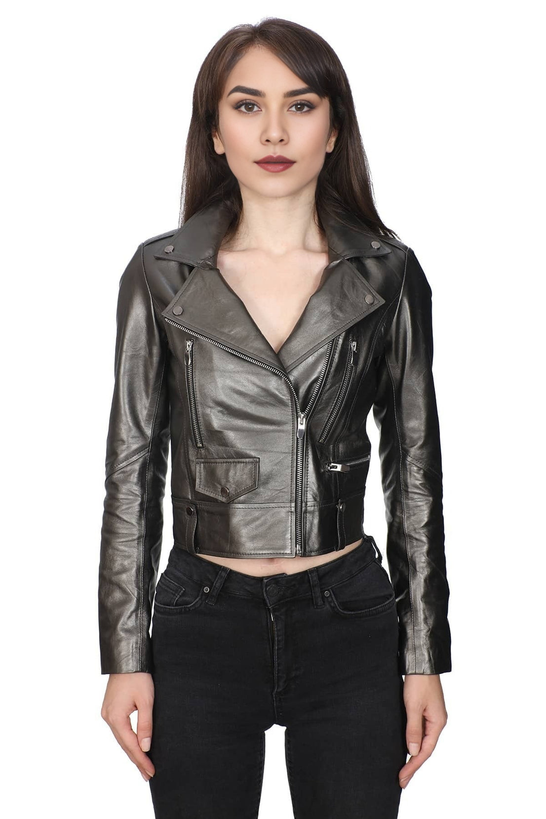 Denise Grey Short Leather Jacket For Women