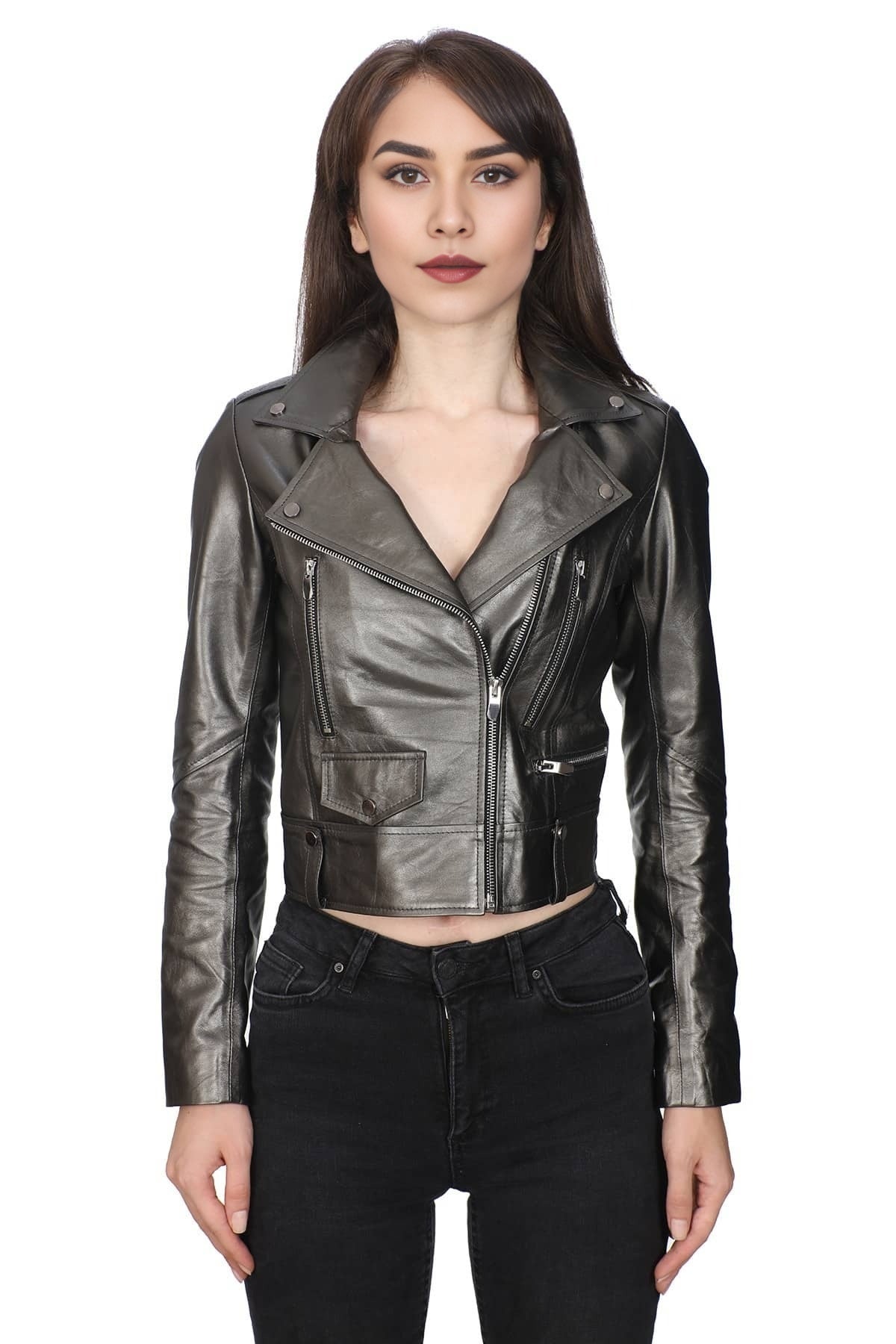 Denise Grey Short Leather Jacket For Women