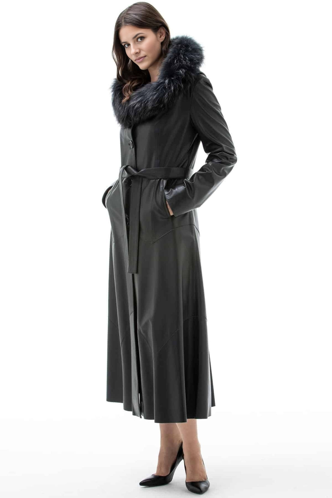 Rosalie Black Long Leather Coat For Women