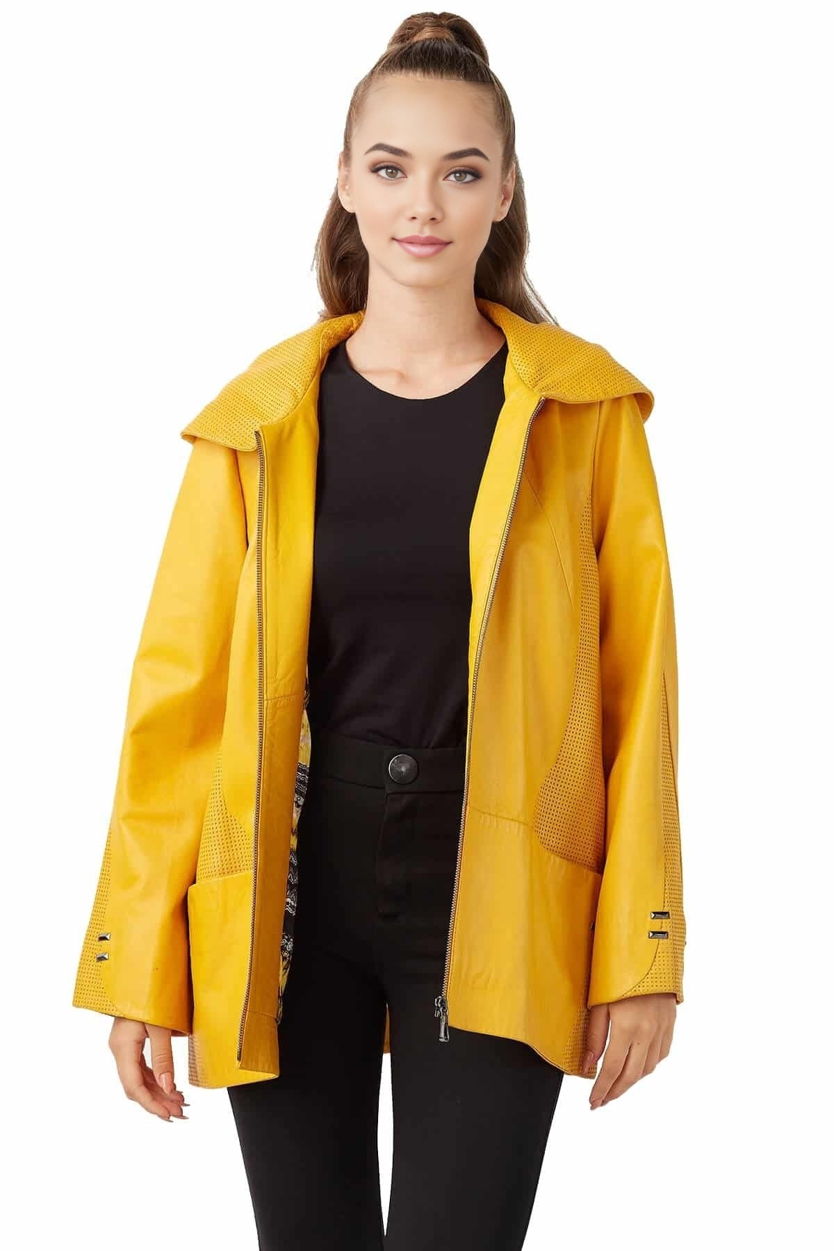 Violet Yellow Leather Coat For Women