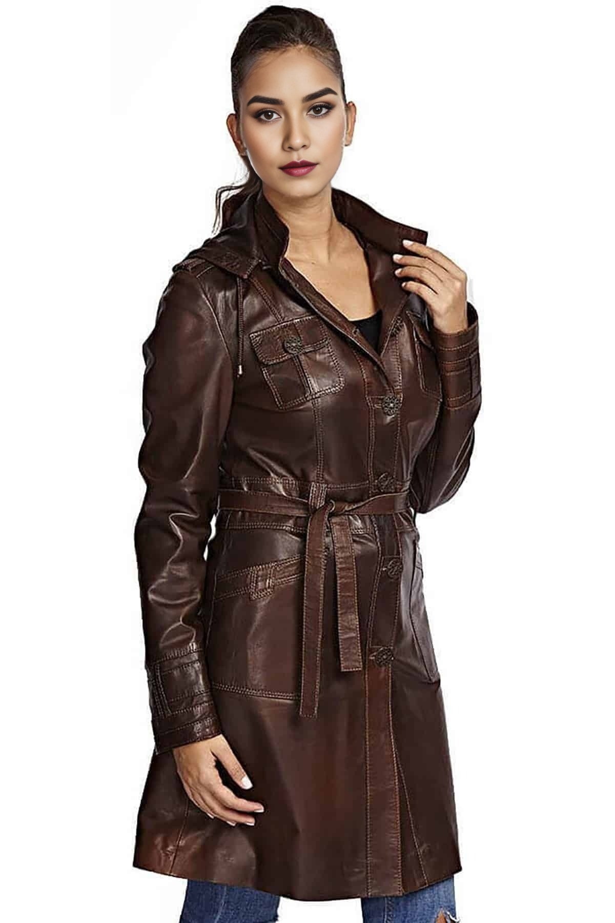 Acacia Dark Brown Fur Hood Leather Jacket For Women