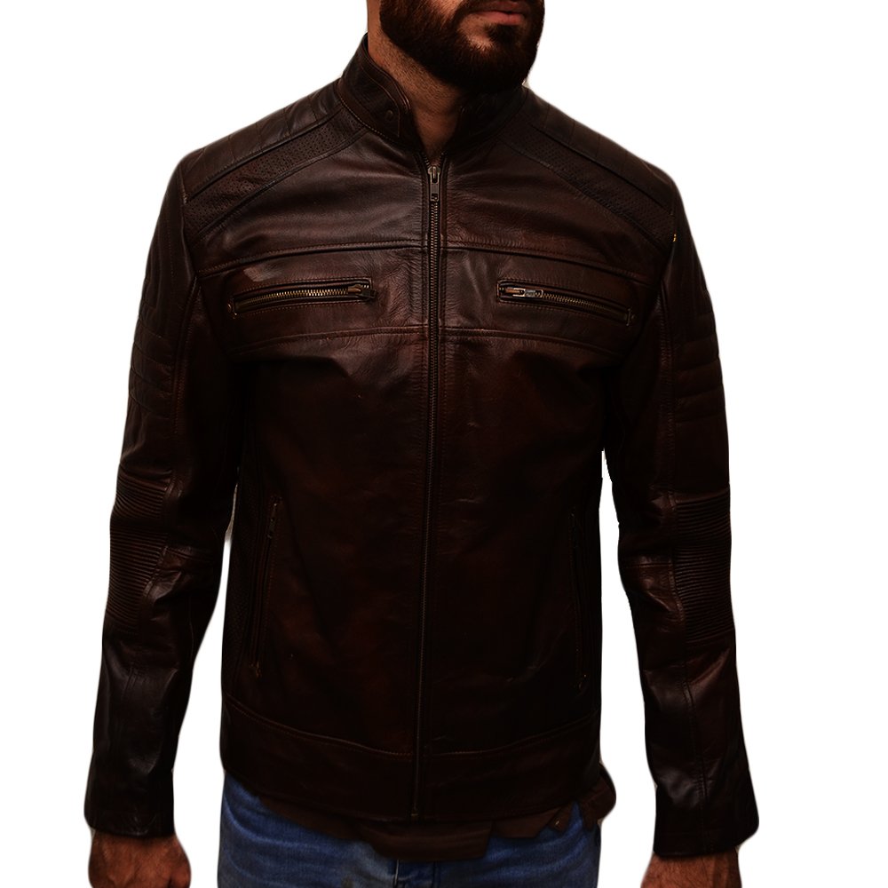 Distressed Dark Brown Slim Fit Leather Jacket For Man 