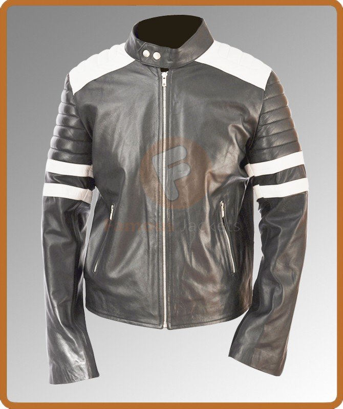 Tyler Durden Brad Pitt Black Leather Jacket With White Stripes | Mens Biker Leather Jacket