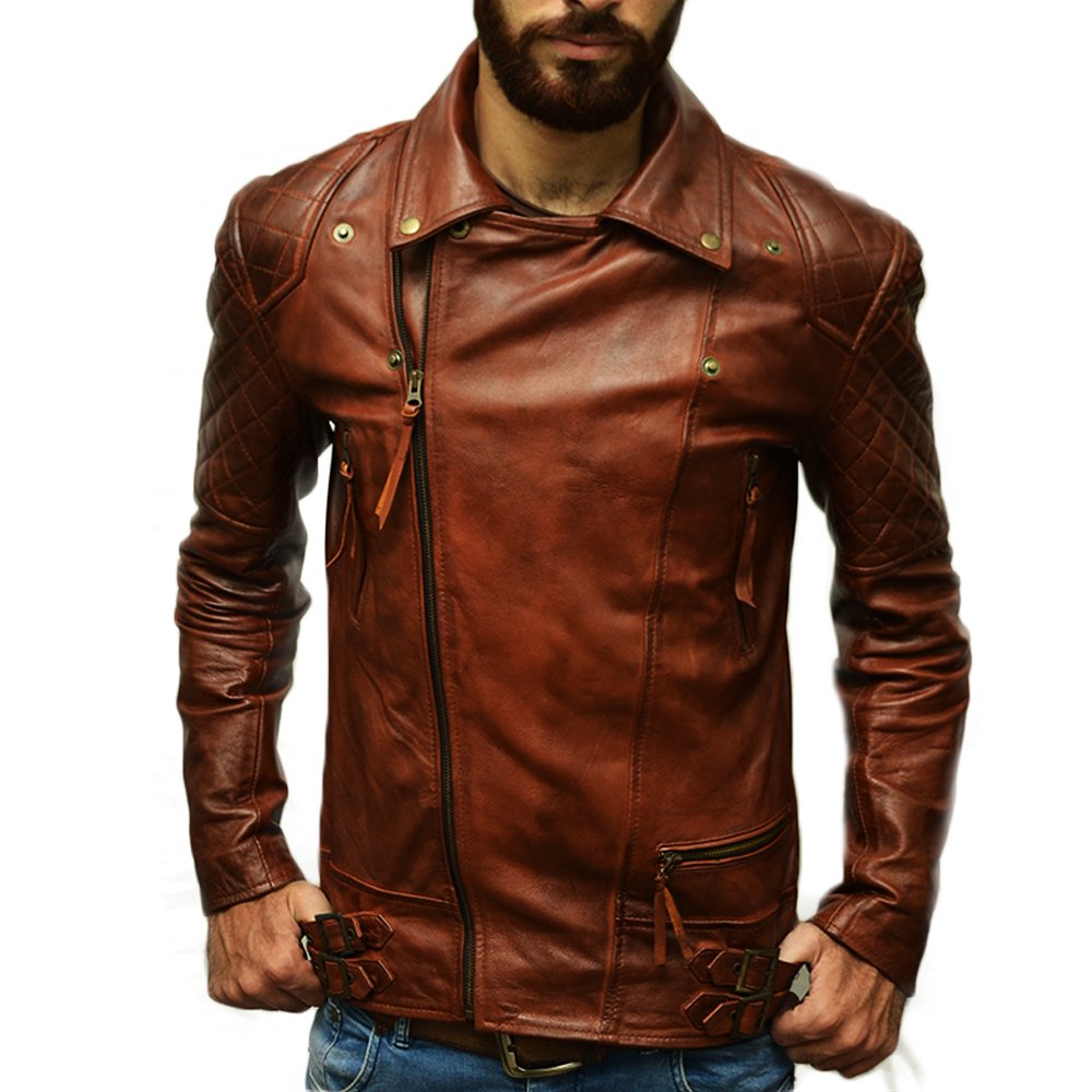 Distressed Brown Slim Fit Leather Jacket