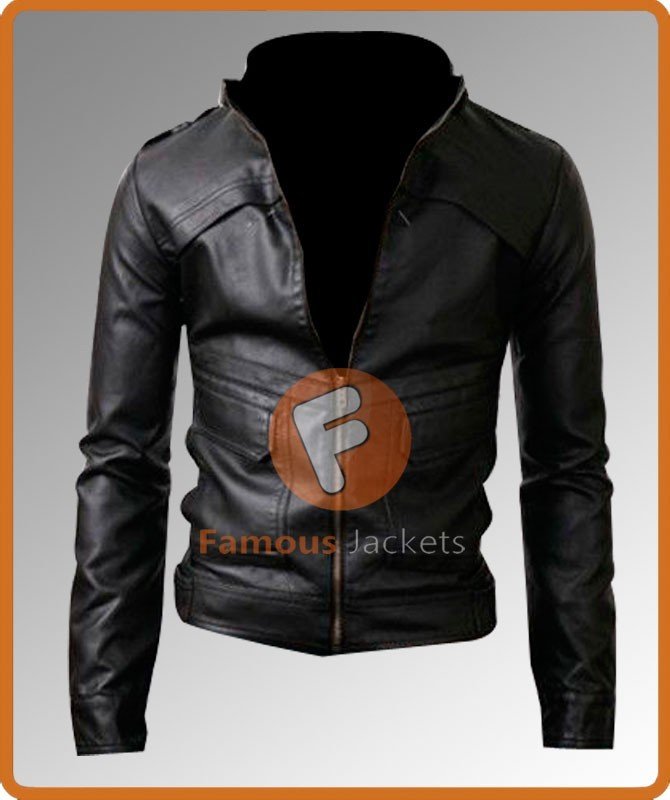 Strap Slim Fit Black Biker Leather Jacket | Black Leather Jacket