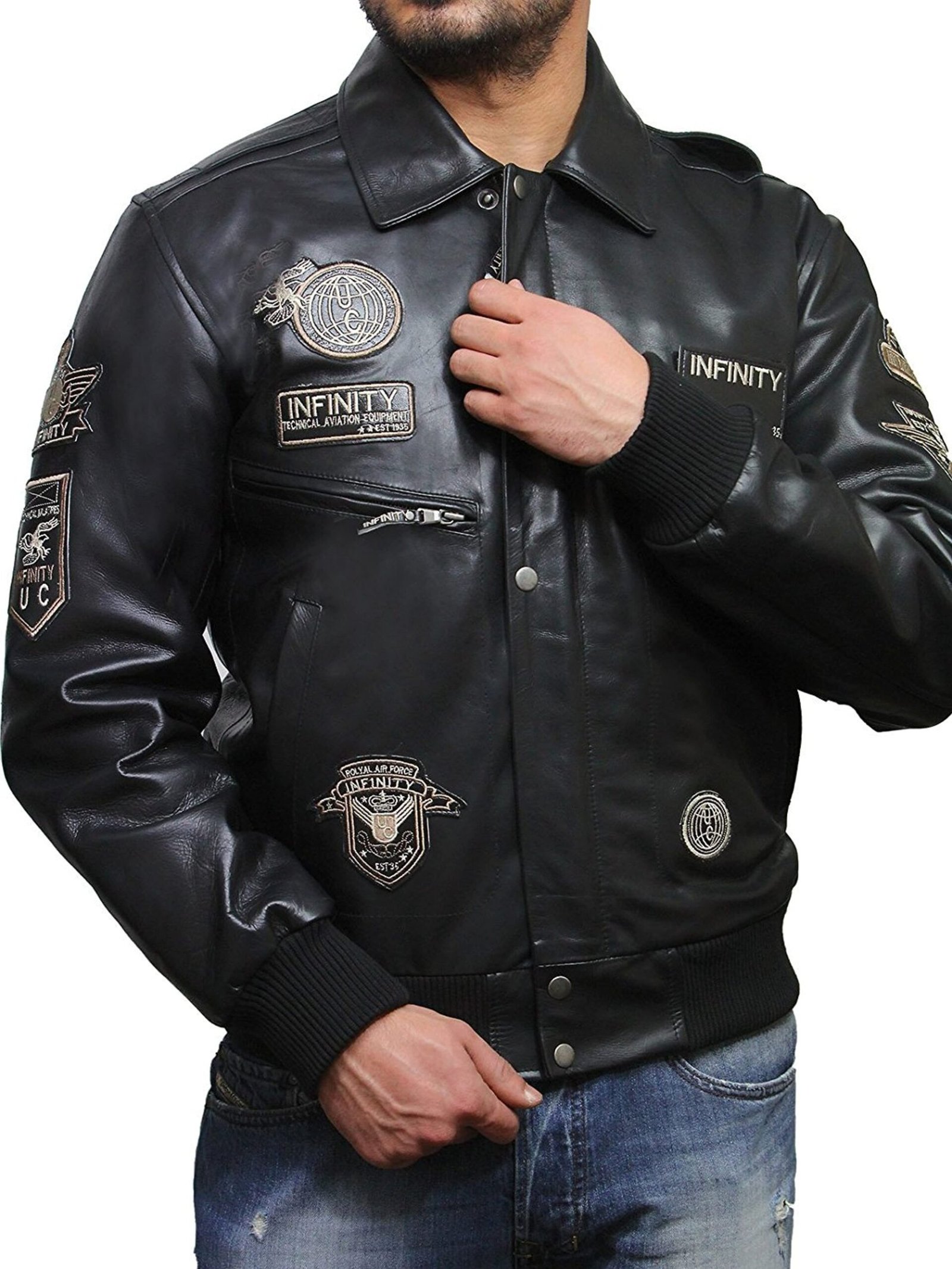 Mens Detachable Bomber Flight Collar Leather Jacket