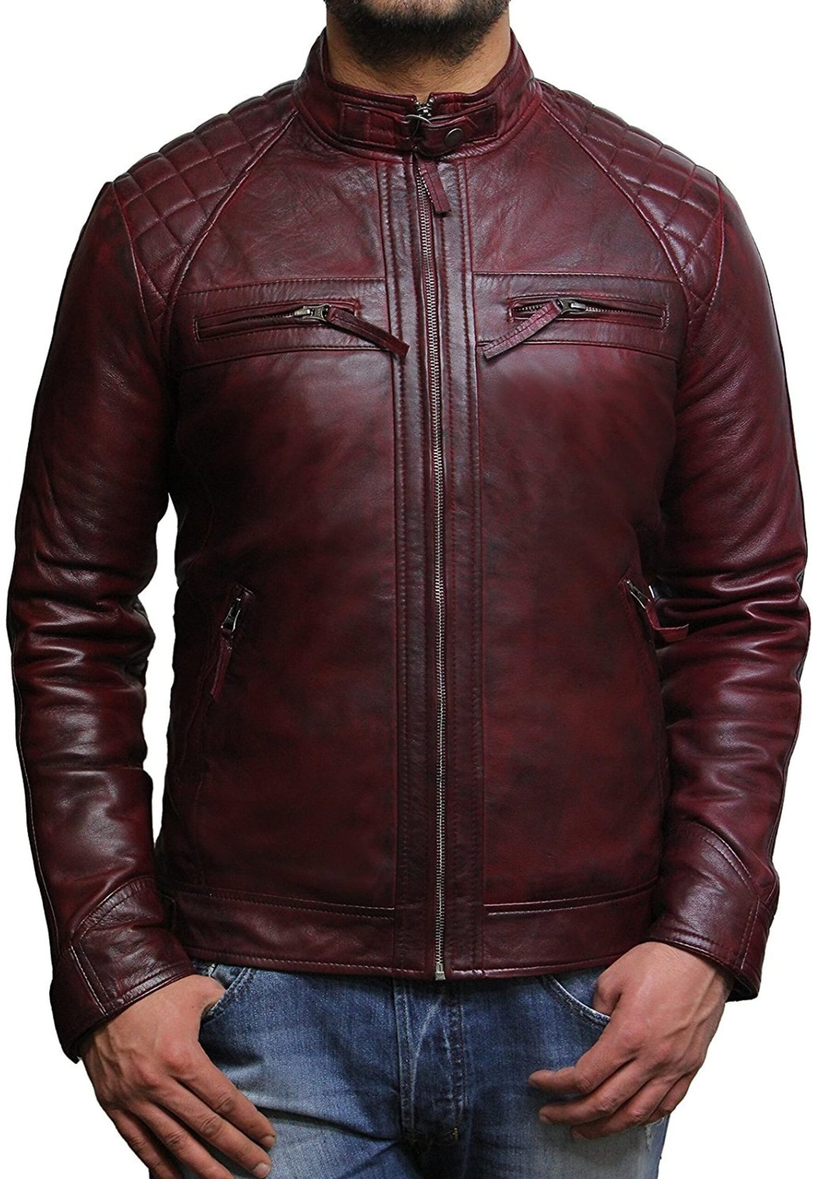 Mens Biker Vintage Burgundy Leather Jacket