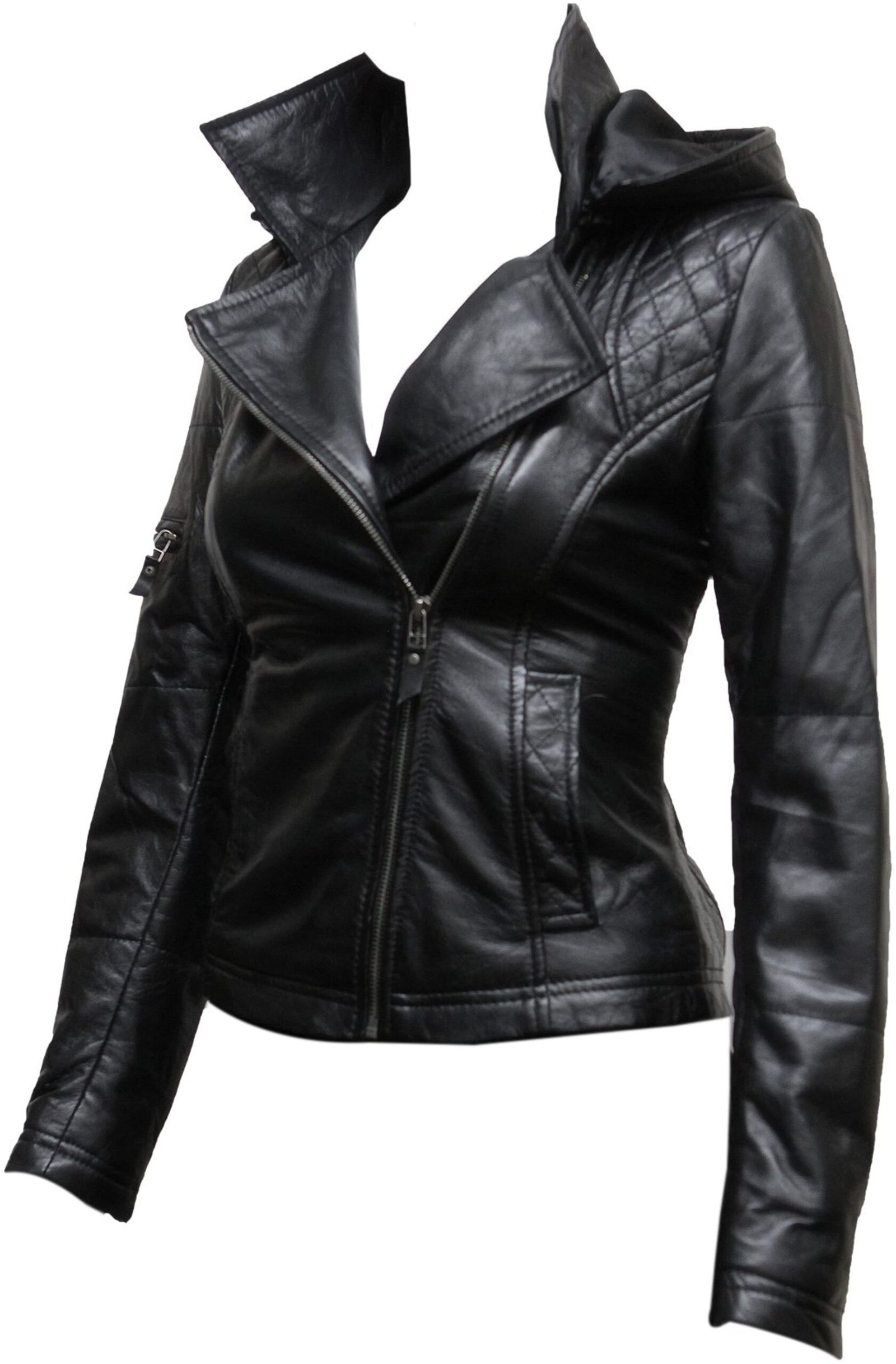 Stylish Women Hooded Black Leather Jacket