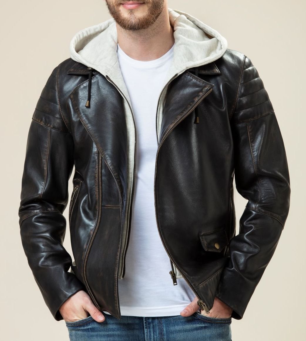 Gayle Distressed Brown Hooded Biker Leather Jacket | Brown Leather Jacket For Men 