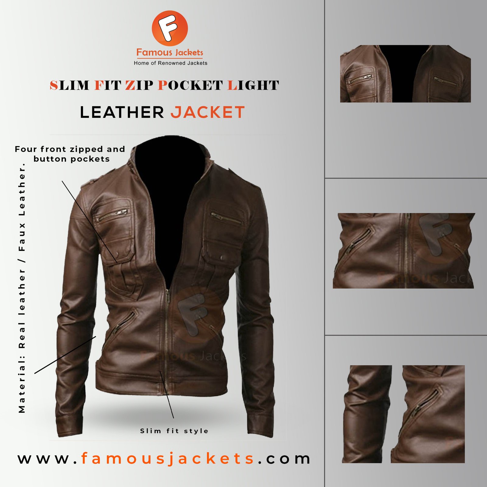 Slim Fit Zip Pocket Light Brown Jacket | Men's Leather Jacket