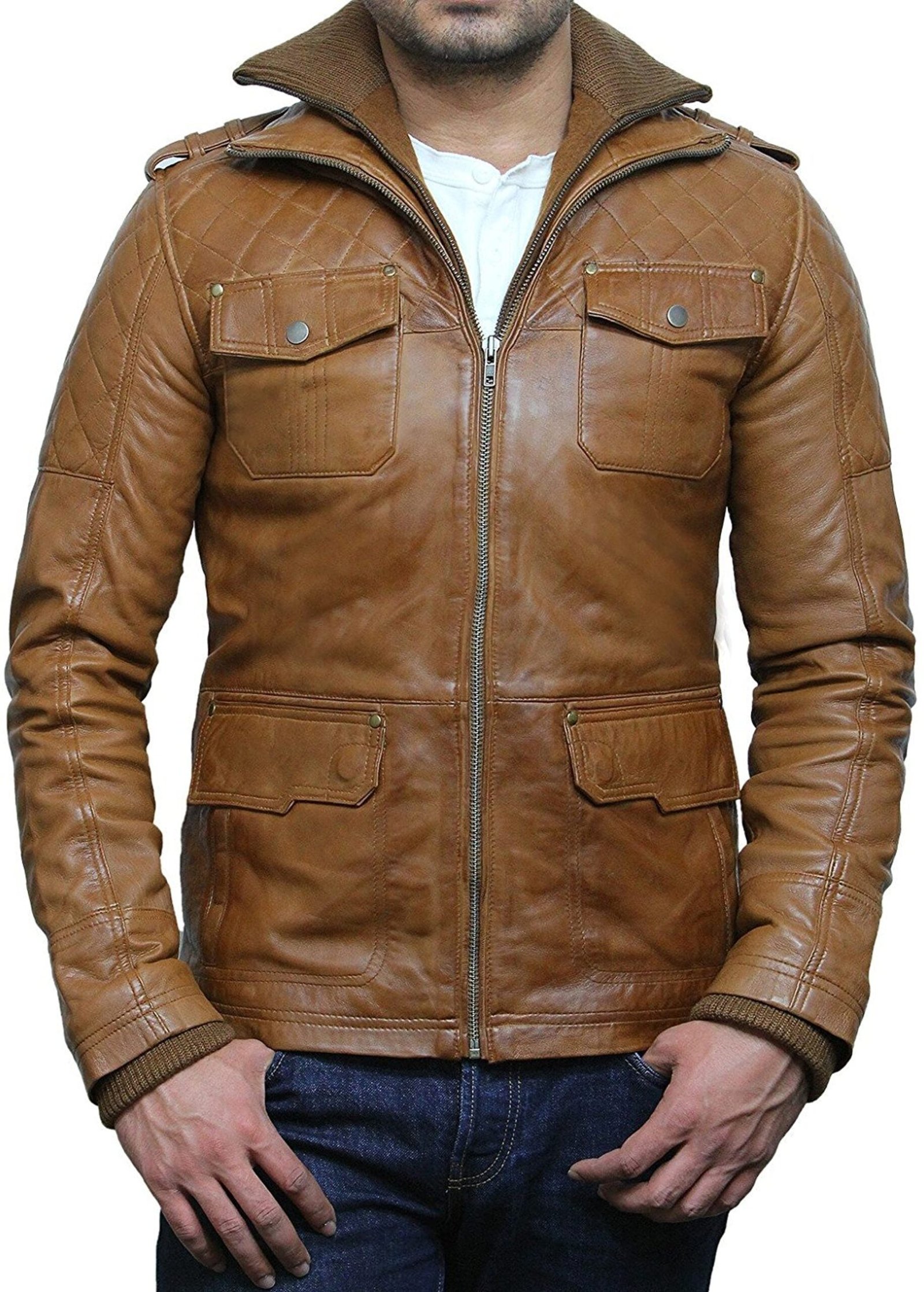 Mens Stylish Quilted Bomber Leather Jacket