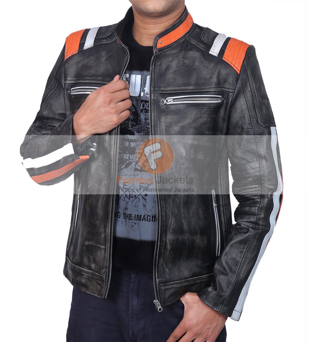 Retro Cafe Racer Classic Motorcycle Double Stripe Distressed Black Leather Jacket | Leather Jacket For Men's