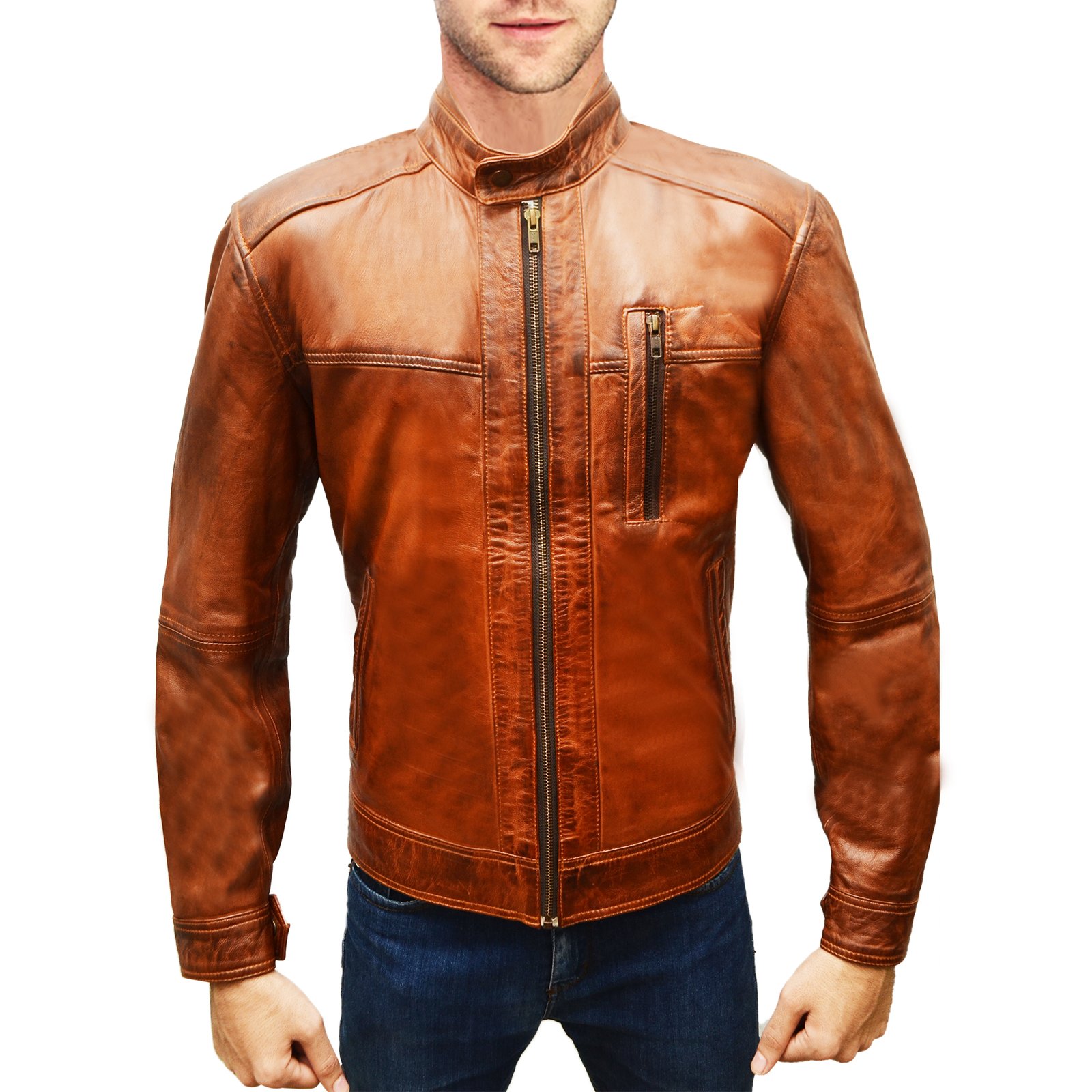 Distressed Brown Leather Jacket For Man